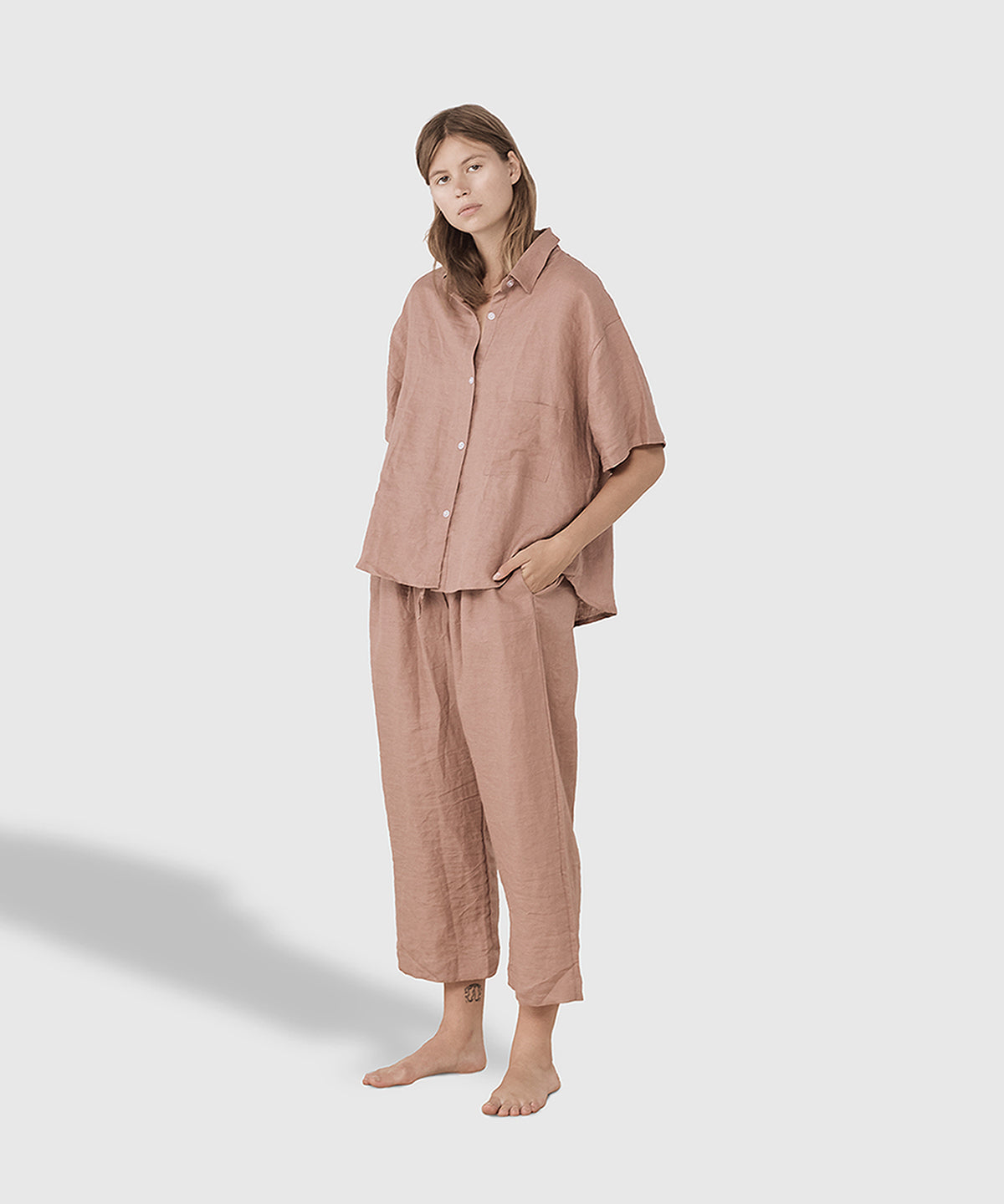 Stonewashed Linen Pajama Pant Set – Smoke Pink