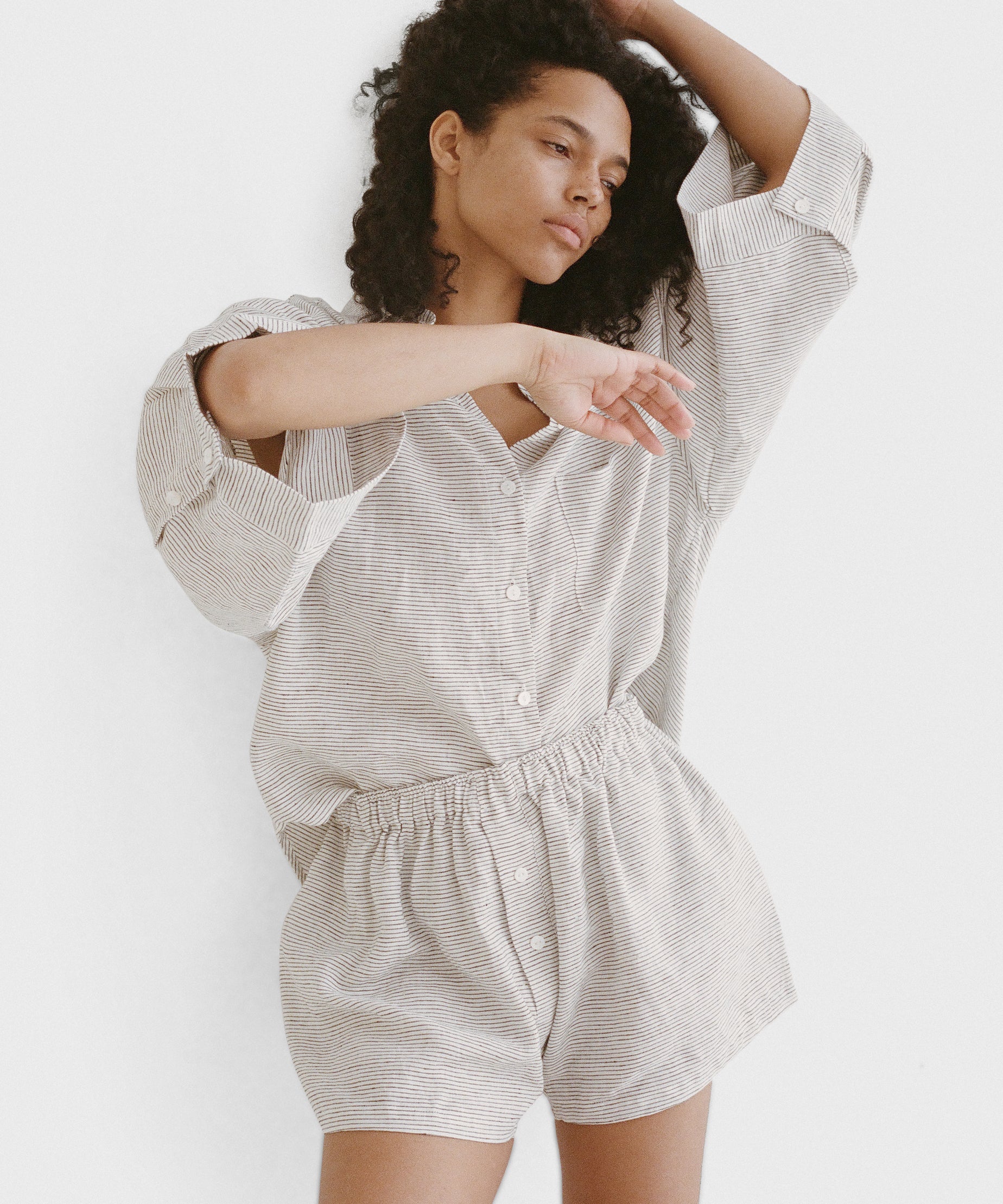 Linen Pajama Set: Long Sleeved Top & Shorts